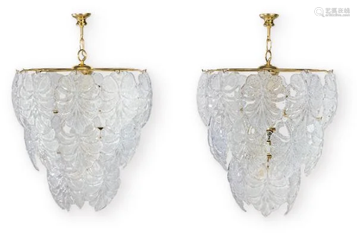 Pair of ceiling lamps, with a golden brass structure