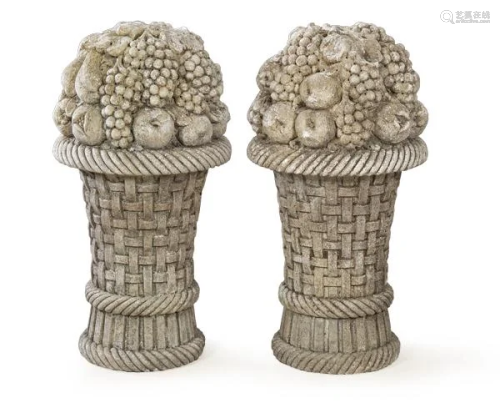Pair of stone baskets with fruits for garden. Height: