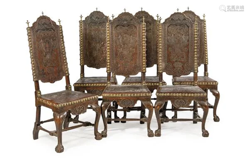 Set of six Jorge I chairs in carved oak wood with