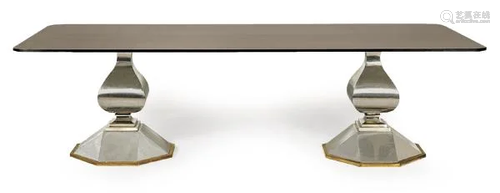 Dining table with smoked glass top on cup-shaped