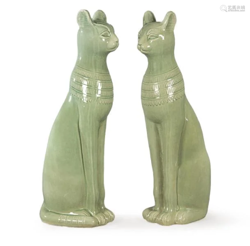Pair of large green glazed ceramic cat figures from