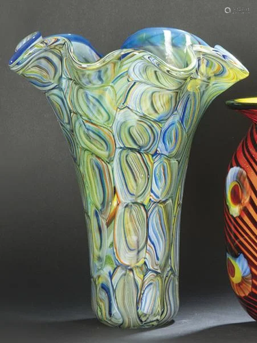 Murano glass vase with curly mouth. In folded glass