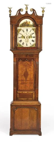 George III tall case clock in carved oak and mahogany