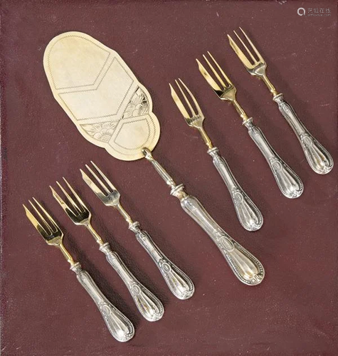 Set of punched silver dessert forks (illegible) in its