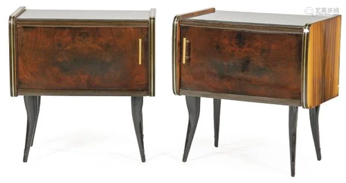 Pair of nightstands, in walnut wood with ebonised legs