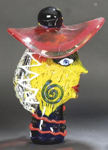 Cubist Face with Red Hat in Murano glass h. 1980.