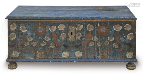 Flat top chest painted in blue with flower and bird