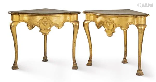 Pair of Carlos III corner consoles in carved and gilded