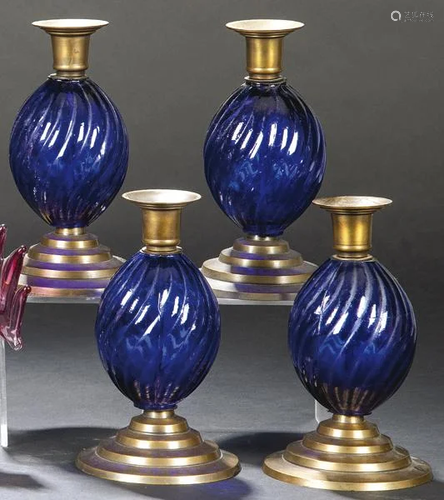 Four cobalt blue glass and metal candlesticks, India h.