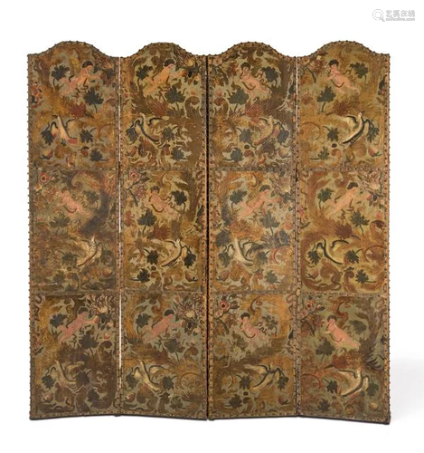 Four-leaf screen in embossed, polychrome and gilded