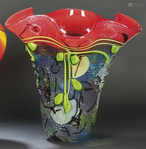 Murano glass vase with red curly mouth h. 1980.