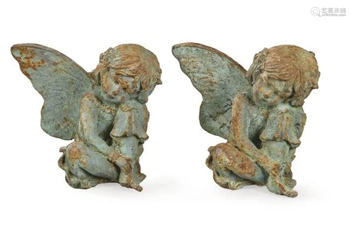 Green Painted Cast Iron Seated Fairy Couple for Garden,