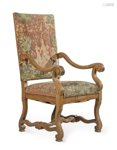 Louis XIV style armchair in carved oak with grospoint