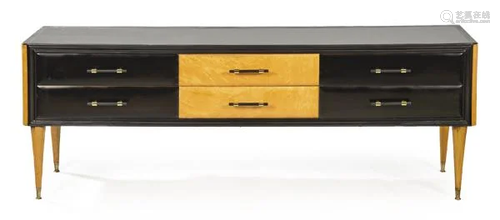 Low sideboard in ash wood and ebonized wood. With six