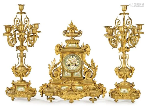 Clock with gilt bronze candelabra garnish, with Sevres