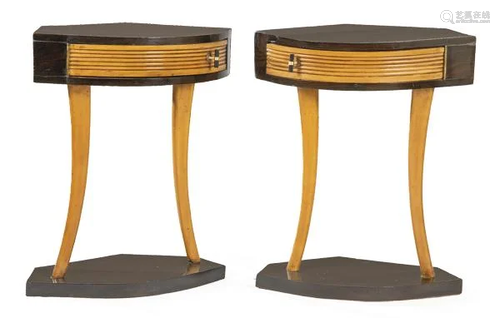 Pair of art deco side tables, with front drawer in