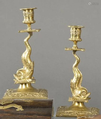 Pair of Fernandino bronze candlesticks, Spain S. XIX.