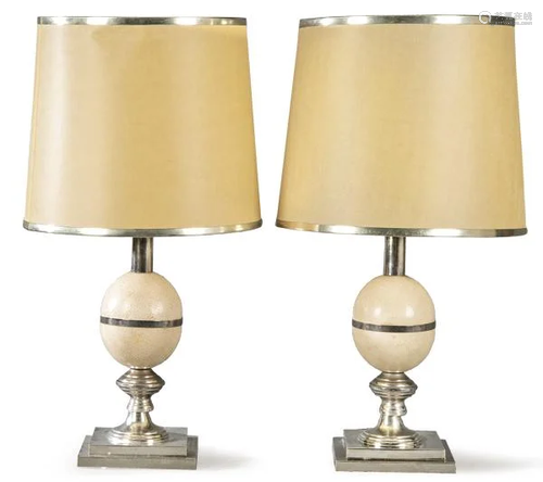 Pair of metal table lamps and ostrich egg in the style