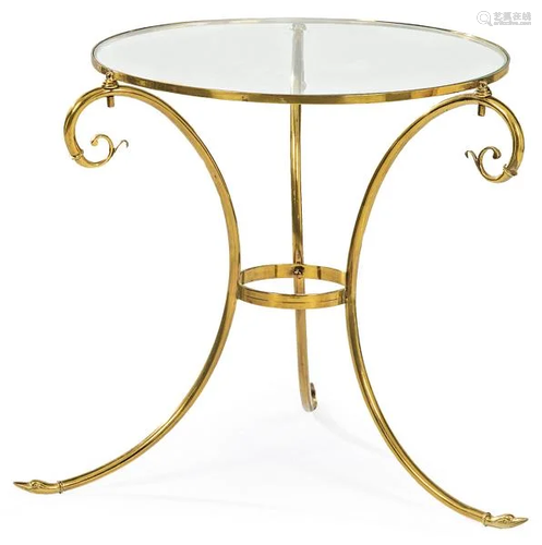 Empire style side table in gold brass with glass top.