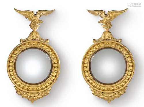 Pair of convex circular mirrors, Regency style in