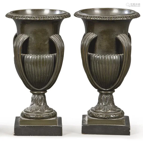 Pair of patinated bronze urns, France 19th century.