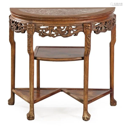 Chinese half-moon console in carved wood, with marble