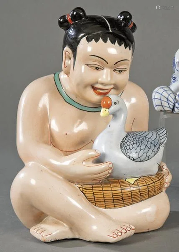 Girl with Duck in polychrome Chinese porcelain, with a