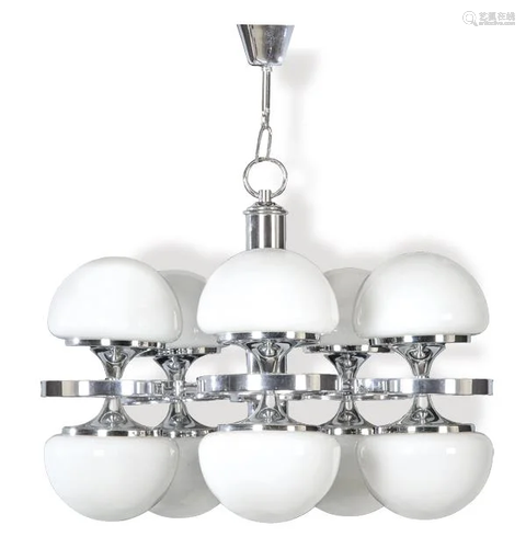 Ceiling lamp with five double light arms in white glass