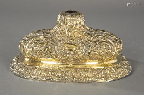 Embossed and chiselled gilt silver cross base dated