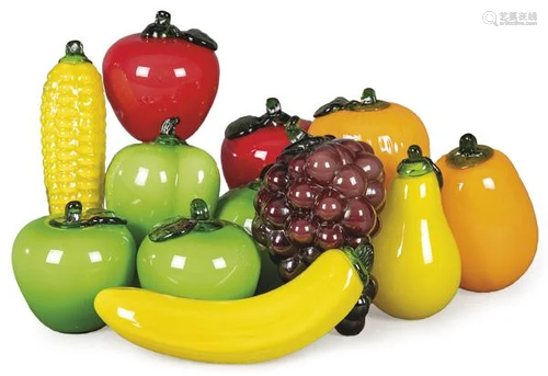 Set of twelve Murano glass fruits and vegetables.