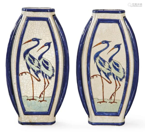 Pair of oval-shaped art deco vases in glazed ceramic