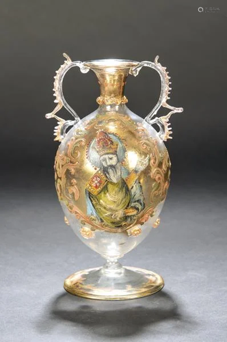 Vase with two handles of Catalan glass painted and