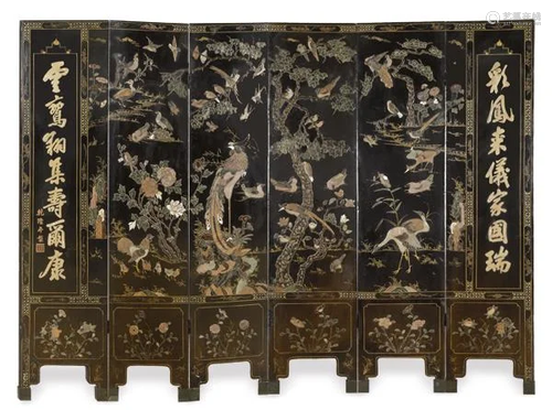 Chinese six-leaf screen in black lacquered wood with