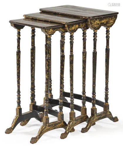 Chinese black lacquer nesting tables with gold