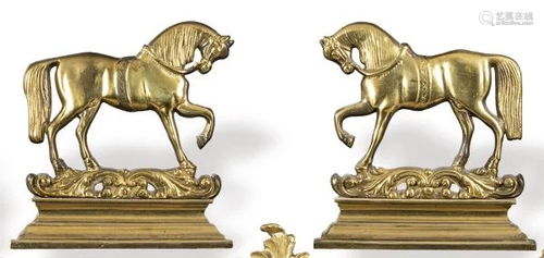 Pair of andirons in the shape of a horse in bronze,