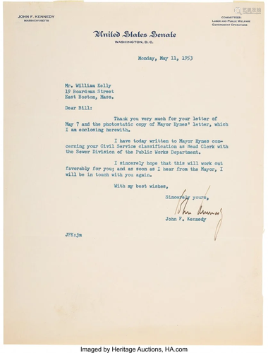 47277: John F. Kennedy Typed Letter Signed. One page,