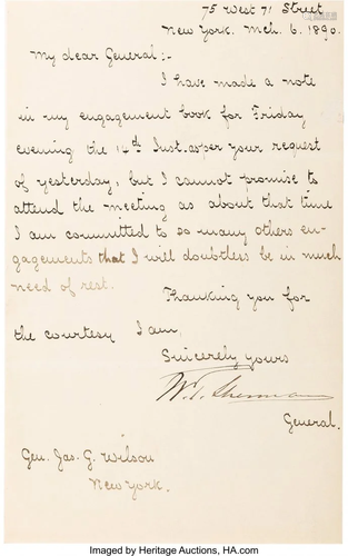 47473: William T. Sherman Letter Signed. One page of a