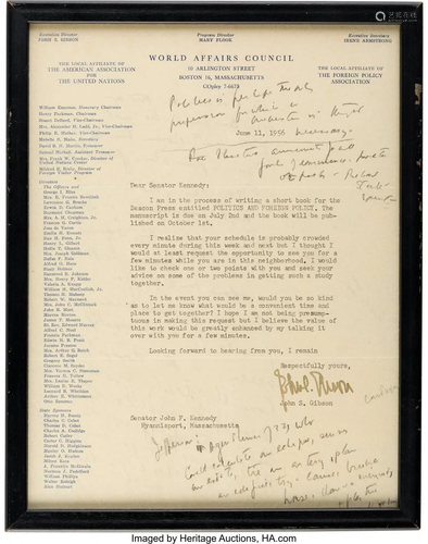 47279: John F. Kennedy 1956 Annotated Letter. Two page