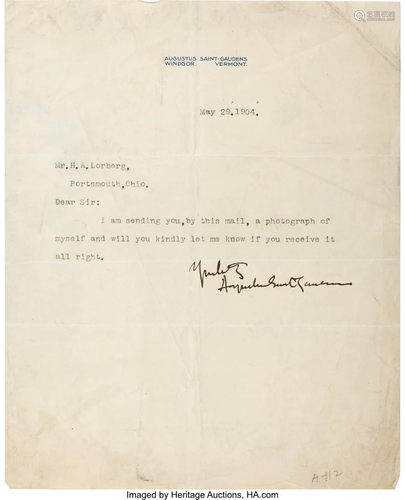 47675: Augustus Saint-Gaudens Typed Letter Signed. One