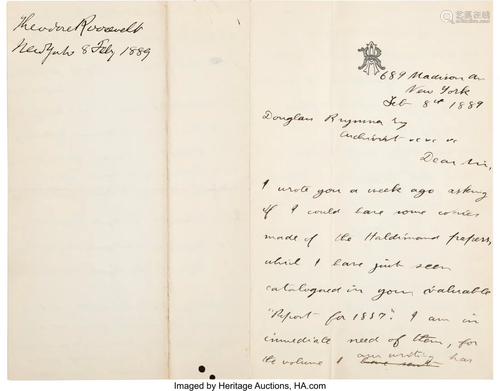 47256: Theodore Roosevelt Autograph Letter Signed. Thr