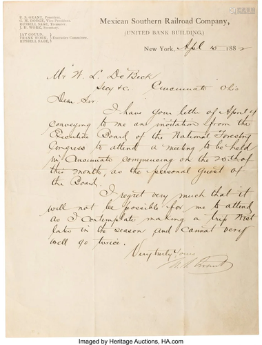 47240: Ulysses S. Grant Letter Signed. One page, 8.25