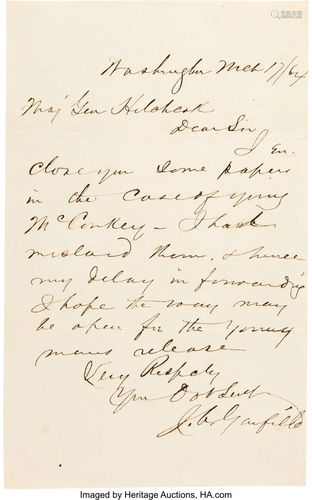 47245: James Garfield Autograph Letter Signed. One pag