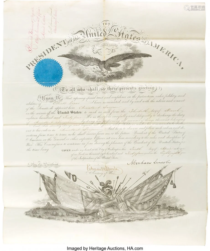 47219: Abraham Lincoln Military Appointment Signed. On