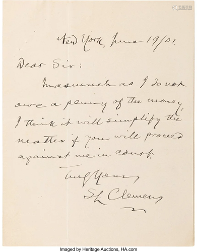 47300: Samuel Clemens Autograph Letter Signed. One pag