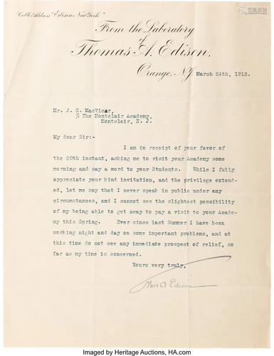 47369: Thomas Edison Typed Letter Signed. One page, 8.