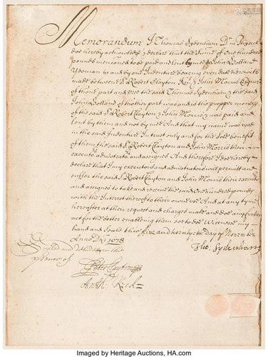 47353: Thomas Sydenham Document Signed. One page, 7.75