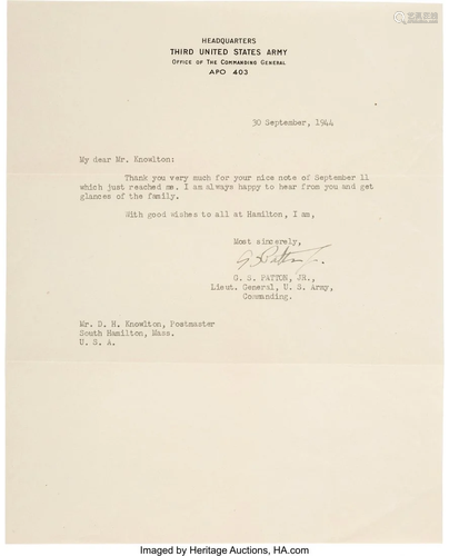 47296: George S. Patton Typed Letter Signed. One page,