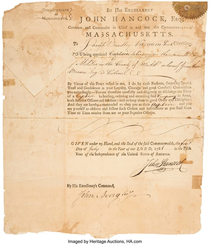 47034: John Hancock Signed Militia Appointment. One she