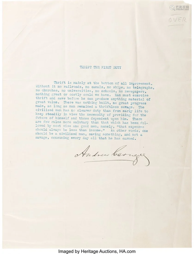 47367: Andrew Carnegie Typed Quote Signed. One page, 8