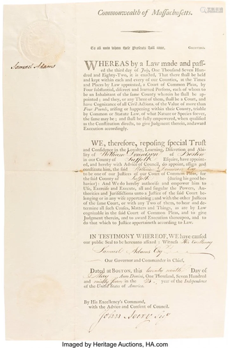 47028: Samuel Adams Document Signed as Governor of Mass